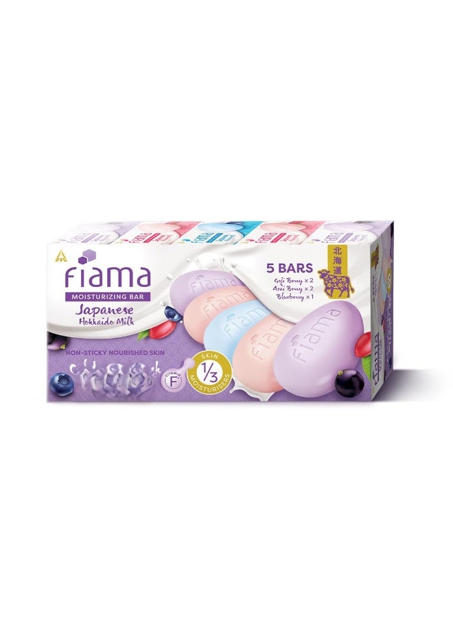 Fiama Moisturizing Soap Bars Celebration Pack, Japanese Hokkaido Milk & Berries, Soaps Pack Of 5 (625g), Non-Sticky Moisturized Skin, 1/3Rd Skin Moisturizers, Vitamin F, Free, Assorted - Image 1